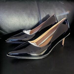 TNYNFBEB Mid Heel Pointed Toe Pumps black Beaded Prom Leather Heels size 12